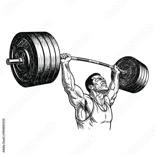 Weightlifter lifting heavy barbell overhead, strength and power, successful lift