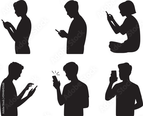 Collection of diverse silhouette figures standing and sitting while actively engaging with their mobile phones and smartphones demonstrating various poses and gestures