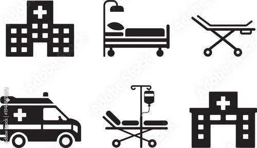 Collection of flat black vector icons representing medical facilities and equipment including hospital buildings ambulances hospital beds with IV stands and stretchers isolated on transparent backgrou