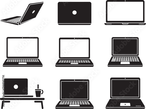 Collection of various black laptop icons in different perspectives and orientations showing their screens keyboards and lids from top side angled and flat views
