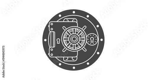 Round metallic safe vault door with dial lock icon illustration on isolated white background.