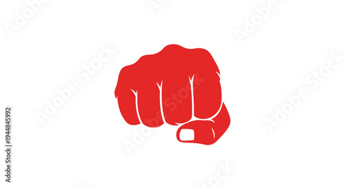 Powerful red clenched fist, symbol of strength and determination, isolated white background.