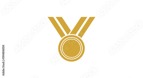 Shiny gold medal with red ribbon, victory and achievement award, isolated white background.