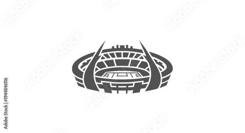 Detailed Grey Stadium Icon with Top View Perspective for Large Sports Events, Isolated White Background