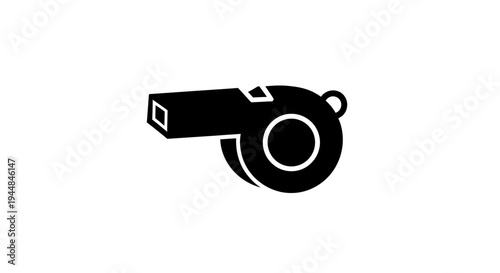 Black Whistle Icon with Rectangular Mouthpiece for Sports Referees, Isolated White Background