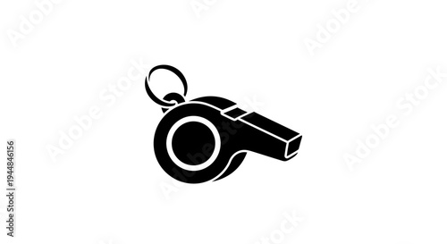 Black Whistle Icon with Lanyard Loop for Sports Officials, Isolated White Background