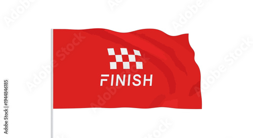 Waving Red Checkered Finish Flag with "FINISH" Text for Race or Competition, Isolated White Background