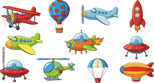 Cute cartoon flying vehicles set, including airplane, rocket, helicopter, airship, hot air balloon, UFO, colorful kids aviation illustration collection isolated
