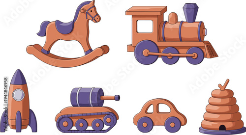 Cute wooden toy collection set, rocking horse, train, rocket, tank, car, beehive stacker, cartoon kids toys illustration