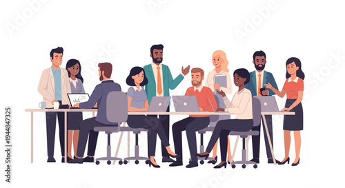 A diverse group of business professionals collaborating on laptops around a table indoors.