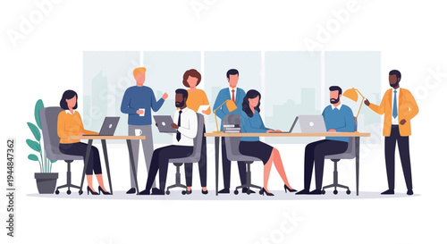 Business professionals collaborate on a project in a modern office setting.