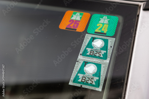 Austrian road tax vignette stickers on car windshield