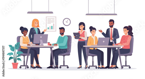 Business professionals collaborate on project in modern office environment with computers and documents