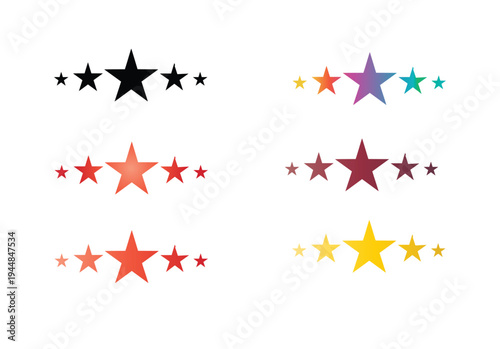 Star rating collection with five stars in black, rainbow gradient, red, and yellow variations