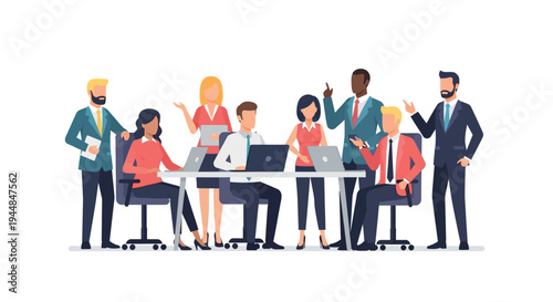 Business professionals collaborate in office meeting with laptops and discussion