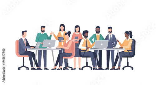 Diverse team collaborates on laptops around a conference table indoors