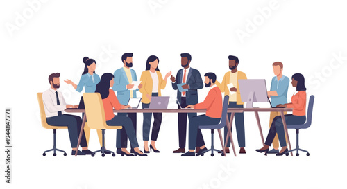 A diverse group of business professionals meeting around a conference table with laptops