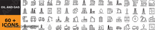 Oil and Gas web icons in line style. Fuel, gas station, refinery, petroleum, oil well, gas pump, energy, barrel, industry, transportation, collection. Outline icon in linear style