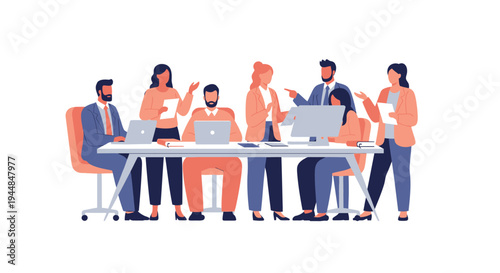 Business people collaborate on project at office meeting table with laptops