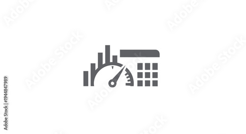 Business Performance Analytics Icon with Speedometer Gauge and Calendar Data on Isolated White Background