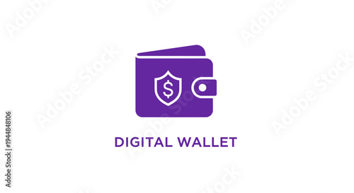 Purple digital wallet icon featuring a shield and dollar sign, with "DIGITAL WALLET" text, symbolizing secure online payment and financial protection, isolated white background.