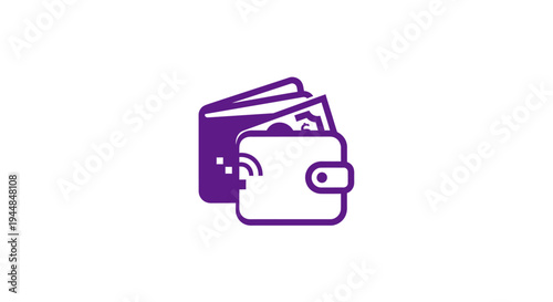Purple wallet icon with cash money and a credit card visible, depicting everyday financial transactions and spending, isolated white background.