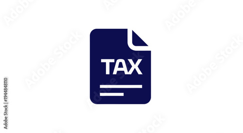 Dark blue document icon with "TAX" text and report lines, symbolizing tax filing, accounting, and financial regulations, isolated white background.