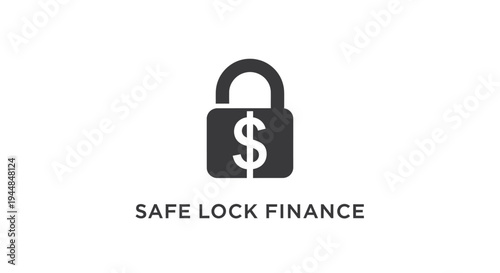 Black padlock with a dollar sign and "SAFE LOCK FINANCE" text, representing secure money management and financial safety, isolated white background.