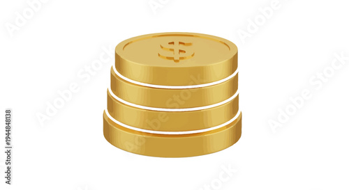 3D rendered stack of shiny gold dollar coins, symbolizing financial stability and investment, isolated white background.