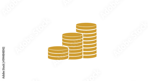 Two stacks of shiny gold dollar coins of different heights, symbolizing financial growth and wealth, isolated white background.