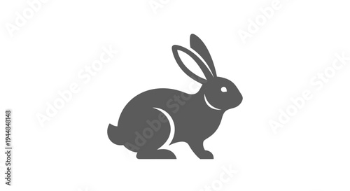 Detailed Solid Gray Rabbit Sitting Vector Logo with Ears Up on Isolated White Background
