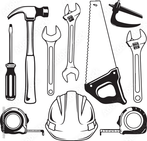 A set of tools for handyman including a hammer screwdriver wrench safety helmet tape measure adjustable wrench Stone masonry saw and spirit level
