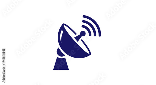Dark Blue Satellite Antenna Icon with Signal Waves, depicting communication and digital transmission, on an isolated white background.