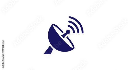 Dark Blue Satellite Dish Icon Emitting Radio Waves, representing global communication and broadcast technology, on an isolated white background.
