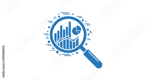 Detailed Blue Magnifying Glass Icon with Data Charts and Abstract Elements, symbolizing big data and in-depth analysis, on an isolated white background.