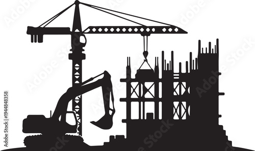 Construction equipment silhouettes isolated on transparent background