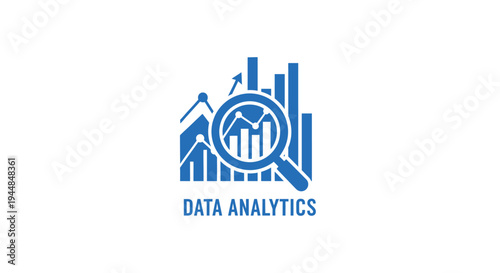 Blue Data Analytics Icon with Magnifying Glass, Bar Chart, and Pie Chart, illustrating comprehensive data insights, on an isolated white background.