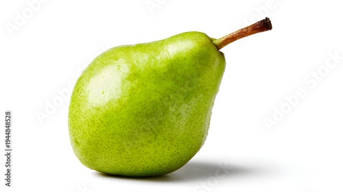 A single ripe green pear with a brown stem on a white background.