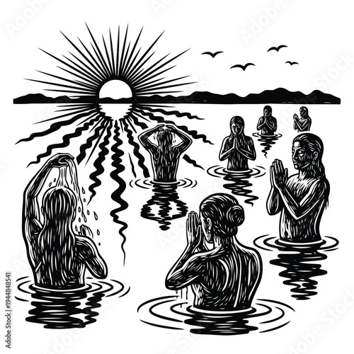 Group of women performing spiritual river bath ritual during sunrise, offering prayers