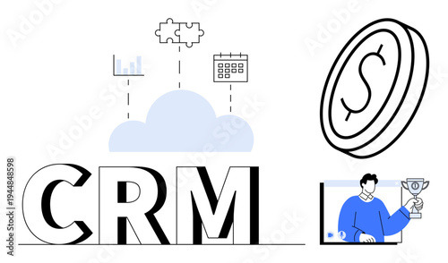 CRM text with a cloud, analytics, puzzle piece, calendar icons, coin graphic, and professional holding a trophy. Ideal for business management, CRM tools, productivity technology growth strategies