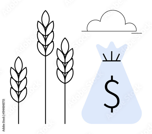 Wheat stalks, money bag with dollar sign, and cloud outline highlighting agriculture, economy, farming profits, food production, trade, investment rural development. Ideal for agribusiness visuals