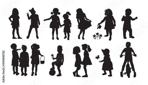 A collection of black silhouettes of children in various playful poses and activities