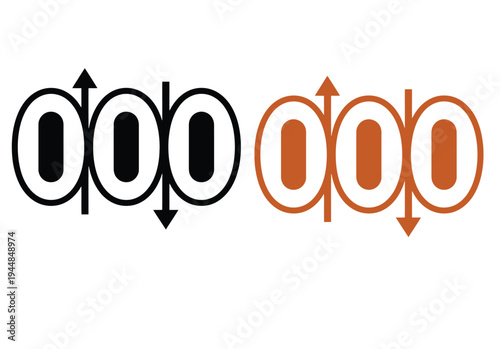 Set of three oval icons with up and down arrows in black and orange, representing data flow or process