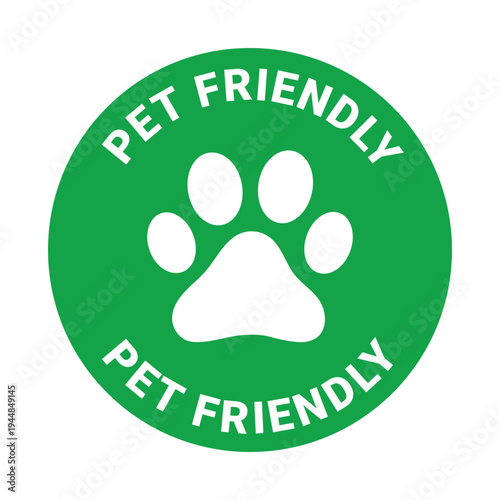 pet friendly green sticker, dogs and cats are welcome here badge, vector illustration