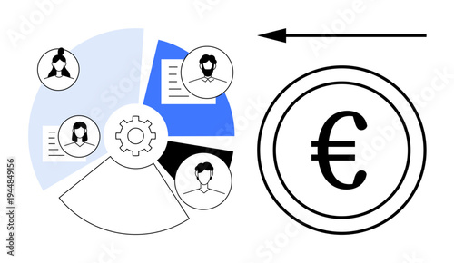 Finance concept. Finance workflow and teamwork visuals connected with Euro currency. Finance roles, tasks, and monetary savings. Useful for business, team management, finance apps, economics