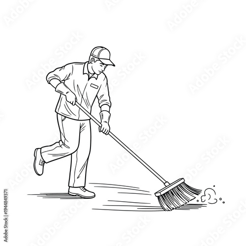 Man sweeping the floor with a broom, street cleaner wearing cap cleaning dirt