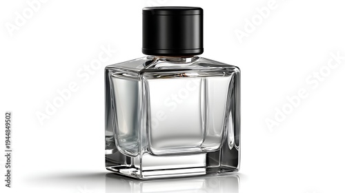 Elegant Glass Perfume Bottle with Black Cap on White Background.