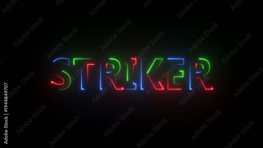 Obraz premium Neon sign text spelling STRIKER with red green and blue glow on a dark Generate title without using the word 