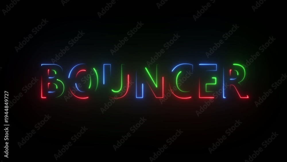 Obraz premium Neon sign with multicolored letters spelling BOUNCER on a dark Generate title without using the word 