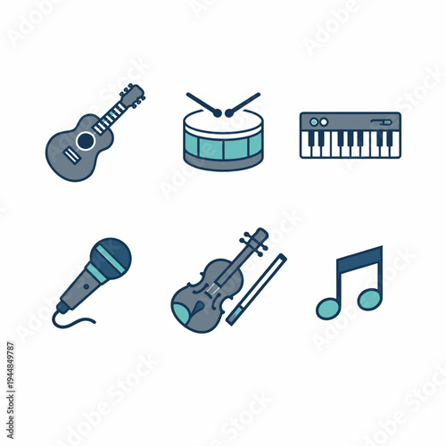 Collection of musical instruments and symbols including guitar, drums, keyboard, microphone, violin, and music note icons